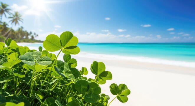 Vibrant four-leaf clovers dance gently in a warm tropical breeze overlooking a turquoise ocean under a bright sun on a lush island oasis, turquoise, peaceful, wallpaper