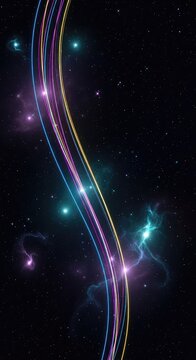 Vibrant neon light trails cutting through a dark celestial abyss filled with glittering stars, glowing cosmic clouds, and electric nebulae, scientific, background, purple