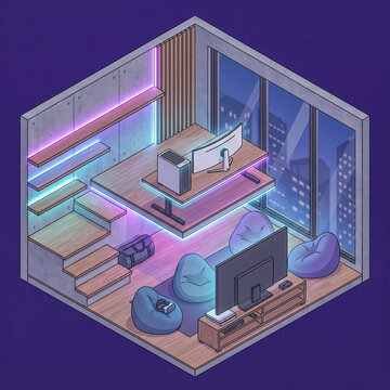 Isometric illustration of a modern gaming room interior featuring a setup with curved monitor, PC, lounge area with bean bags, and a night city skyline view