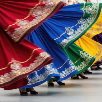 Vibrant traditional skirts spin in a blur of color during rhythmic cultural performance, showcasing intricate embroidery and flowing fabric, performance, swirl, traditional
