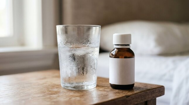 Glass of iced water and medicine bottle on bedside table next to bed
