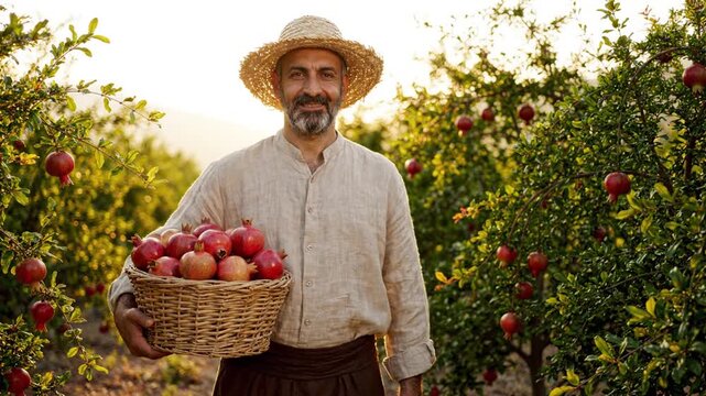 Farmer Holding Basket of Pomegranates in Sunlit Orchard