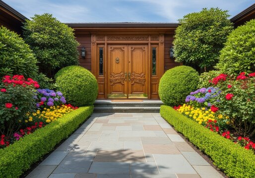 Vista frontal de una elegante entrada principal de madera con un sendero de piedra, rodeada de arbustos verdes y flores bajo luz natural, acogedor, flores, ambiente