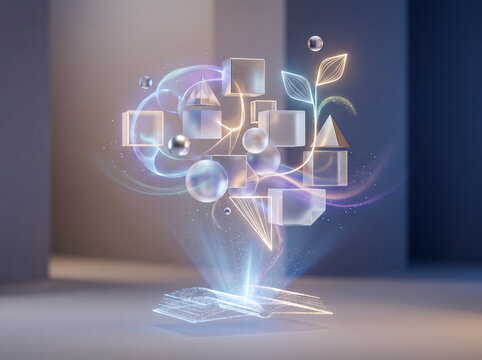 Futuristic glowing open book projecting three-dimensional geometric shapes, abstract light trails, and glowing leaves in a modern minimalist space