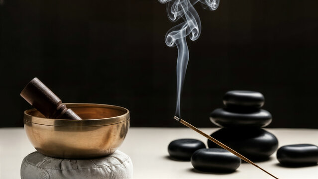 Zen meditation scene with a brass singing bowl on an embroidered cushion, a burning incense stick emitting flowing smoke, and a stack of smooth black stones arranged for spiritual tranquility.