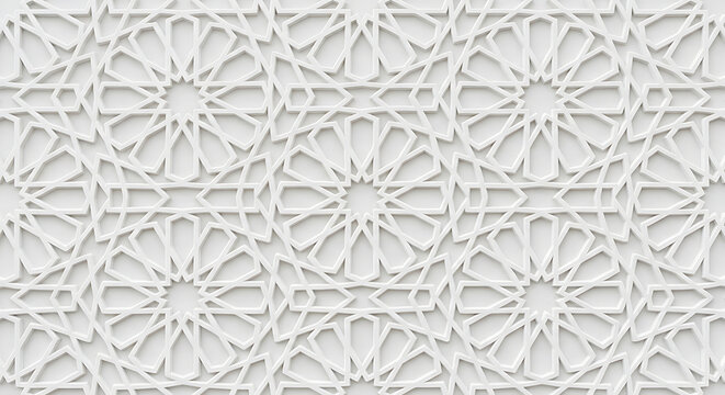 Elegant white Islamic geometric pattern featuring an abstract 3D textured design for Ramadan and traditional Middle Eastern architectural decor