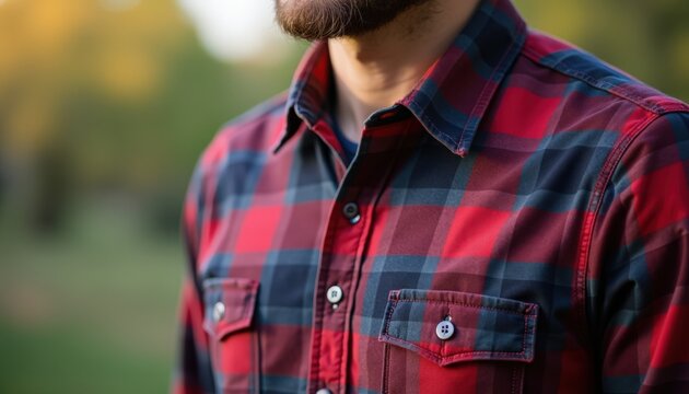 Close-up of man wearing red and navy plaid flannel shirt outdoors, showing chest and collar with trimmed beard visible. Concept of casual mens fashion, fall wardrobe and outdoor lifestyle,