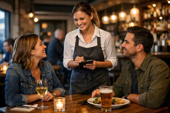 Couple enjoys a meal at a restaurant while a waitress takes their order