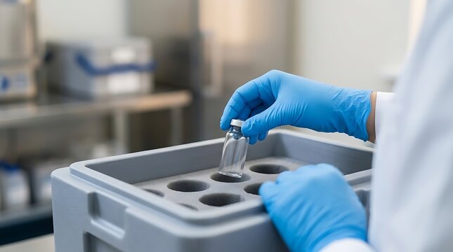 Medical Vaccine Vial Handling by Scientist in Blue Gloves and Laboratory Cold Storage Box