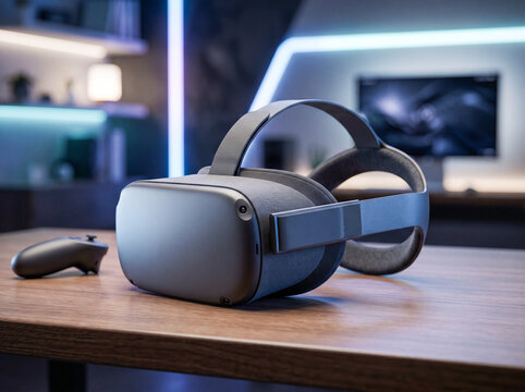 Modern virtual reality headset with controller on a wooden table in a futuristic gaming setup with neon ambient lighting