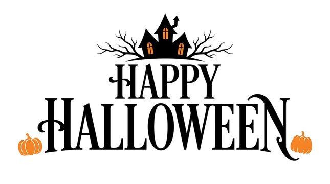Happy halloween calligraphy with spooky haunted house and pumpkin illustrations