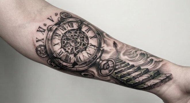 Detailed pocket watch tattoo with staircase on forearm