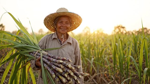 Elderly woman farmer holding harvested sugarcane at sunset