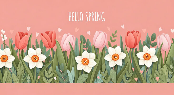 Hello spring greeting card featuring beautiful spring flowers including tulips and daffodils on a soft pink background with small hearts
