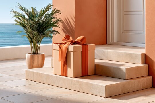 Wrapped gift parcel with ribbon on doorstep near ocean view