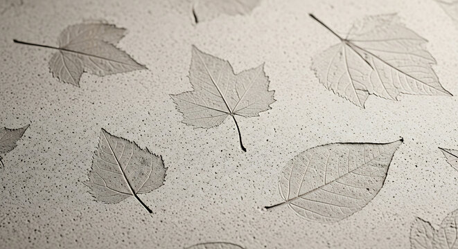 Detailed leaf imprint on a concrete texture surface creating a fossil botanical design with natural vein patterns in a neutral stone material
