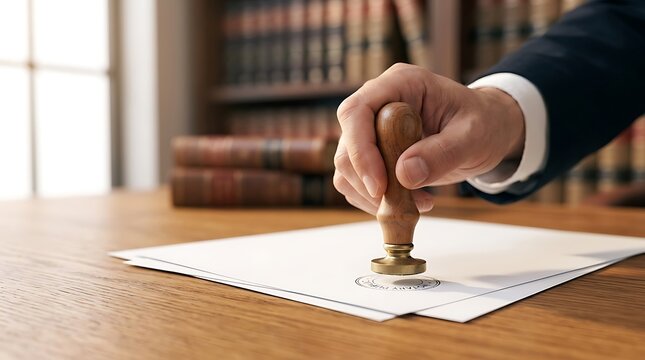 Notary Public Stamping Legal Document on Wooden Desk with Law Books in Background