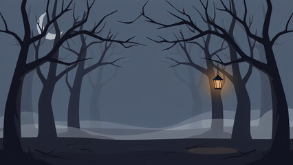 Fototapeta premium Spooky dark forest background with hanging glowing lantern crescent moon and fog vector illustration