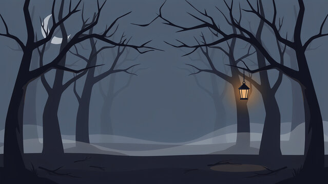 Spooky dark forest background with hanging glowing lantern crescent moon and fog vector illustration