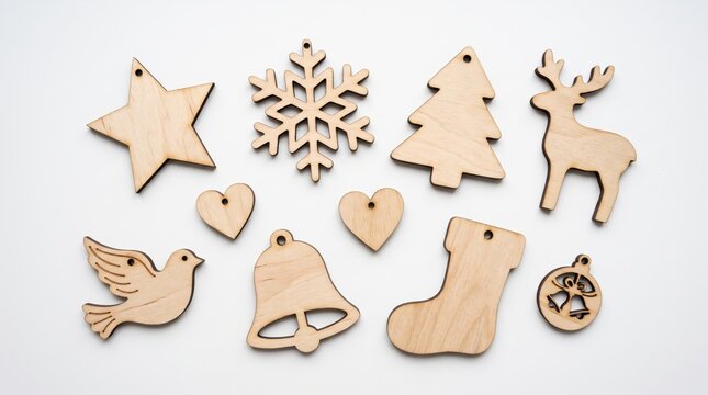 Unfinished wooden holiday decorations isolated on white background