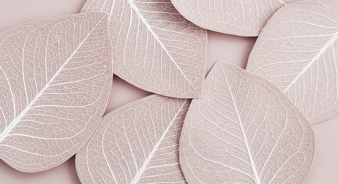 Delicate skeleton leaves with intricate white veins arranged in a soft pink texture background for an elegant abstract nature design