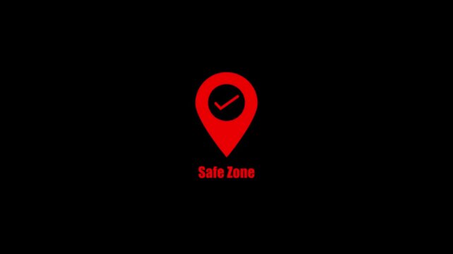 Safe zone location pin with checkmark animation on black background, map marker verified