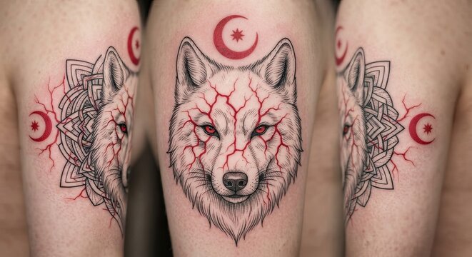 Geometric wolf face tattoo with red moons