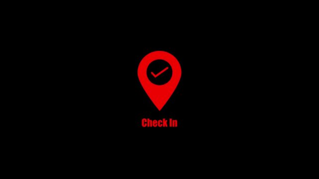 Red check-in location pin animation with success checkmark for travel and navigation apps