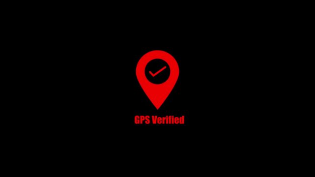 Gps verified location pin animation with checkmark on black background