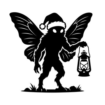 Mothman silhouette wearing Santa hat with lantern, Christmas cryptid creature, festive urban legend monster, holiday folklore illustration