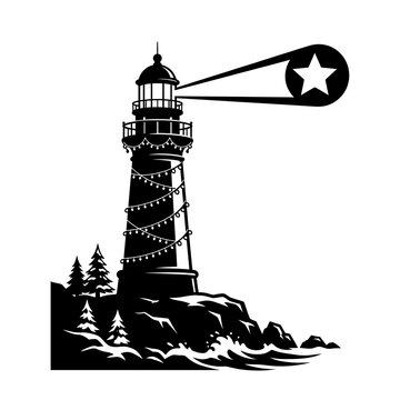 Vintage lighthouse silhouette with star beam, nautical coastal tower on rocky shore, black and white maritime beacon illustration