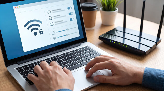 man configuring modern high speed wifi router security settings on laptop keyboard in home office environment