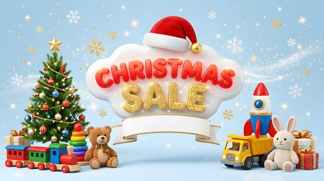 Christmas sale banner with decorated tree toys and gifts on a blue background