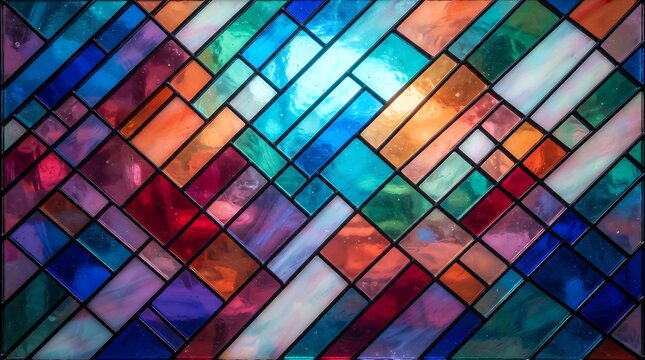 Vibrant abstract stained glass window panel with geometric rectangular and square pieces in a kaleidoscope of colors including blue green orange and purple creating a dazzling decorative surface