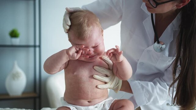 Doctor examines crying baby for rash, checking inflammation and irritation. The exam highlights pediatric care, medical attention, and early diagnosis for child health and wellbeing.