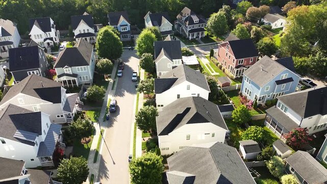 Aerial shot of new homes in a quiet Raleigh, North Carolina neighborhood