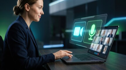 Naklejka premium Woman using laptop with virtual microphone interface