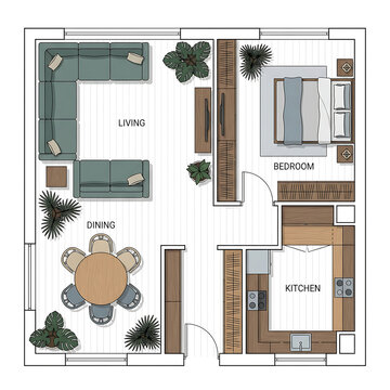 Top view floorplan and layout of a modern apartment with interior architecture design showing living kitchen and bedroom furniture