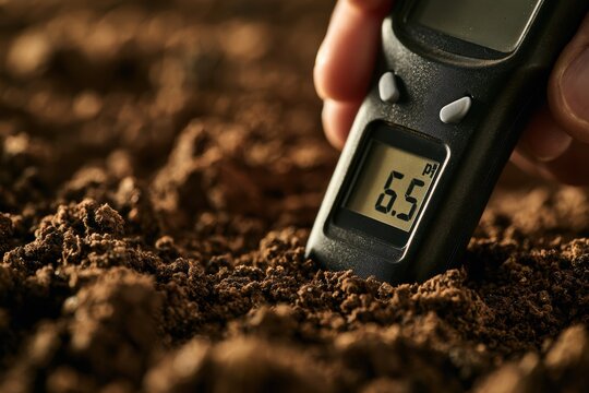 Hand holding a digital ph meter testing soil acidity for farming and gardening