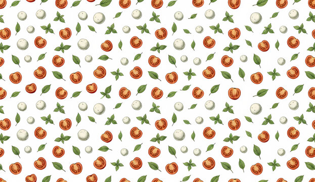 Seamless food pattern with cherry tomatoes basil leaves and mozzarella cheese on white background, caprese salad elements digital paper for Italian restaurant menu packaging paper and textile print