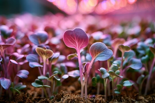 Microgreens sprouts growing under artificial led lights in an indoor vertical farm