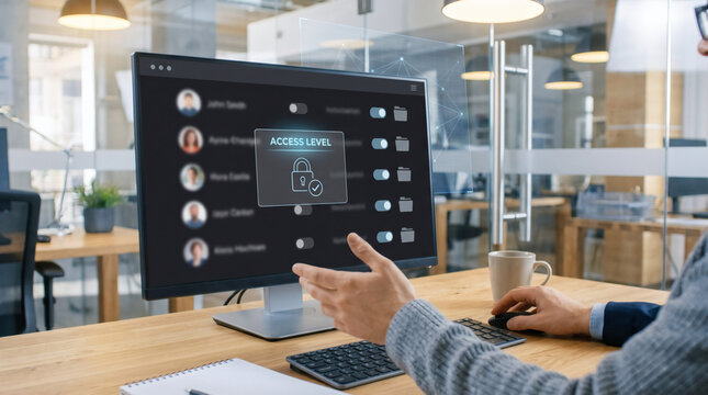 system administrator reviewing user access level permission settings on computer screen in modern corporate office desktop environment