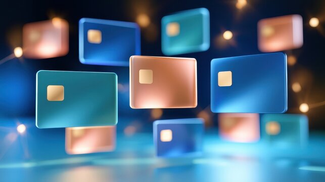 3D abstract visualization of digital money flowing between glowing credit cards in blue and gold tones