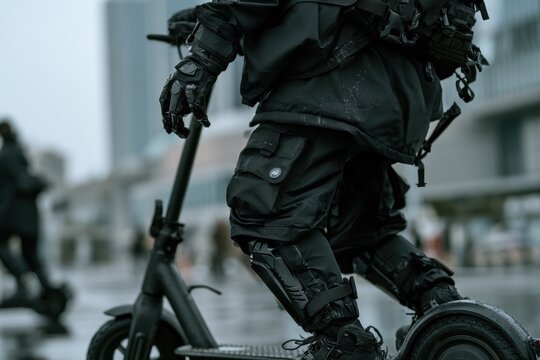 Person riding an electric scooter, wearing black techwear clothing and tactical gear