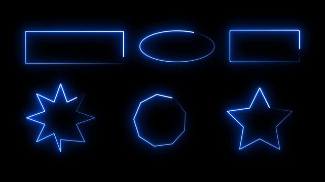 Seamless loop animated rectangle picture frame 
glowing blue neon frames star frame round frame 
Animation of glowing neon rectangles abstract background.