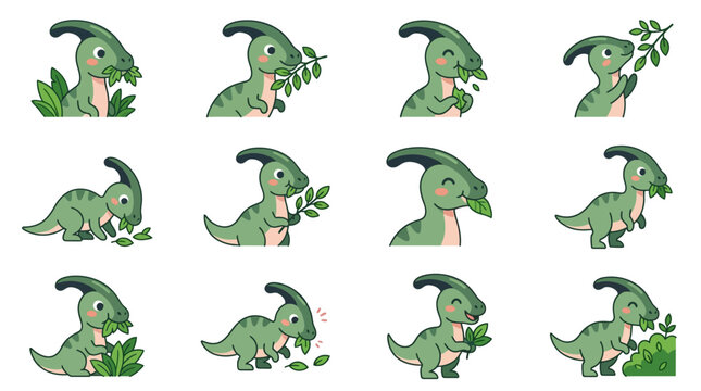 Green parasaurolophus dinosaur character eating leaves sticker set.
