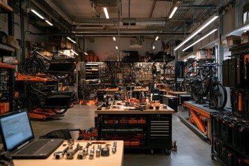 Fototapeta premium Large bicycle workshop with tools, workbenches, and bikes for assembly and repair