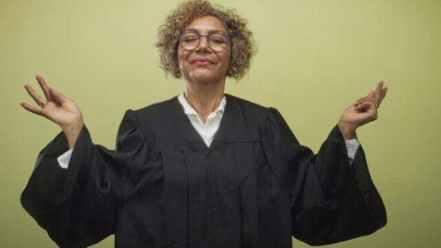 Woman judge in black robe with hands raised making mudra gesture in studio; serenity poise authority.