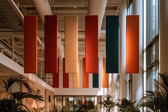 Vibrant acoustic panels hanging from ceiling providing sound absorption in an open-plan office space