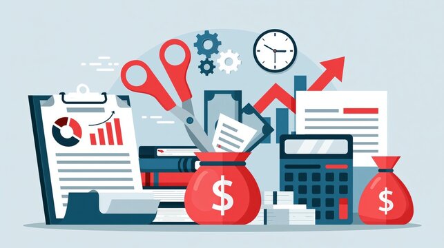Finance planning with scissors cutting budget and calculator for business growth concept